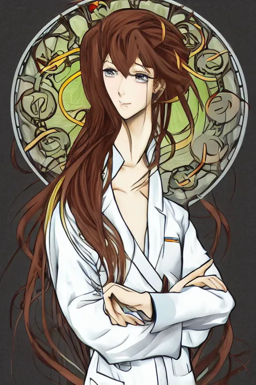 Image similar to Kurisu Makise in flowing lab coat tonemapped in the style of Ayami Kojima and Alphonse Mucha