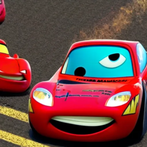 Image similar to a photo of lightning mcqueen, after a horrific traffic accident where he was t - boned by mac.