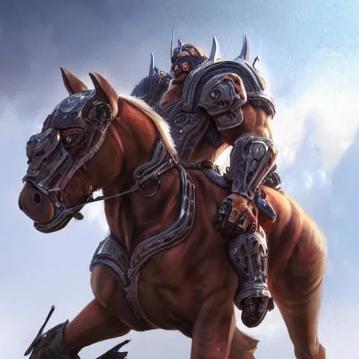 Prompt: a musclebound anthropomorphized horse with mountainously bulging muscles wearing a tight leather battle outfit while protecting a facility, equine, highly detailed, digital painting, artstation, sharp focus, game art, concept art, illustration, art by artgerm, greg rutkowski, wlop