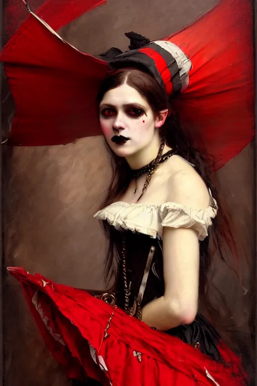 Image similar to solomon joseph solomon and richard schmid and jeremy lipking victorian genre painting portrait painting of a happy young beautiful woman punk rock goth girl german french actress model pirate wench in fantasy costume, red background