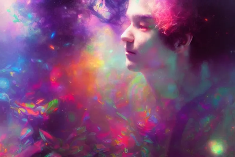 Image similar to a psychedelic realm hidden away in a pocket of ethereal understanding / astral beings sharing love greg rutkowski wlop lisa frank bob ross | ruan jia | illustration