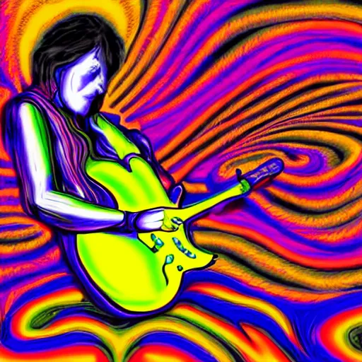 Prompt: psychedelic illustration of a guitar player melting on colors