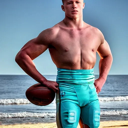 Image similar to a realistic detailed photo of a guy who is an attractive humanoid who is half robot and half humanoid, who is a male android, football player christian mccaffrey, shiny skin, posing like a statue, blank stare, by the beach, on display