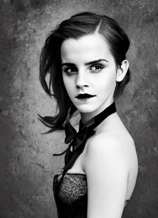 Image similar to Emma Watson for Victorian Secret as dark goth, perfect face, full length shot, XF IQ4, 150MP, 50mm, f/1.4, ISO 200, 1/160s, natural light, Adobe Photoshop, Adobe Lightroom, DxO Photolab, Corel PaintShop Pro, rule of thirds, symmetrical balance, depth layering, polarizing filter, Sense of Depth, AI enhanced