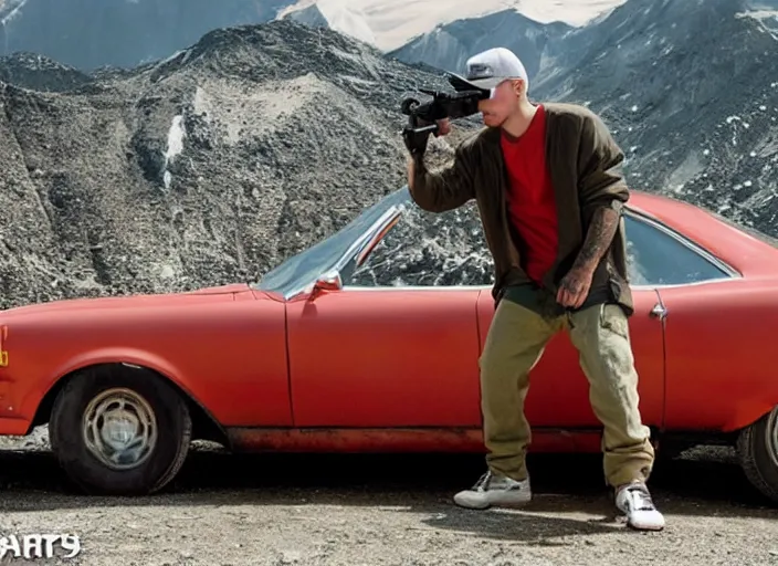 Image similar to a very high resolution image from a new movie, eminem shooting a car. mountains, directed by wes anderson