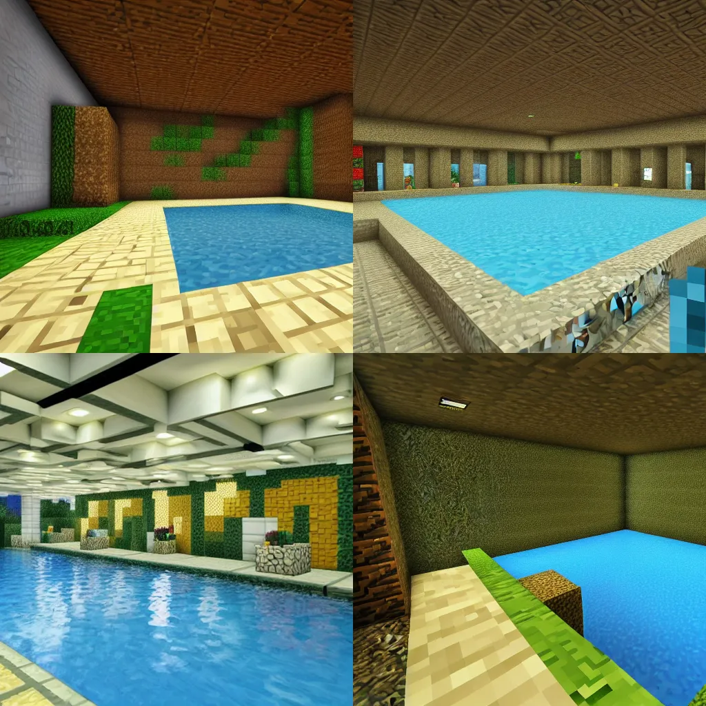 Prompt: a minecraft-themed indoor pool with minecraft trees and grass with cheap fluorescent lighting and low render distance
