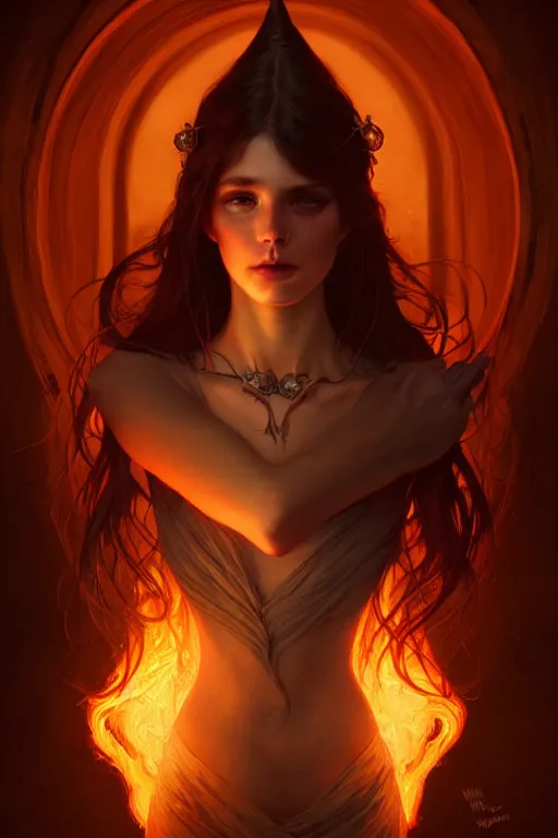 Image similar to a burning witch closeup filled background around face, fantasy magic, undercut hairstyle, dark light night, intricate, elegant, sharp focus, illustration, highly detailed, digital painting, concept art, matte, art by wlop and artgerm and greg rutkowski and alphonse mucha, masterpiece