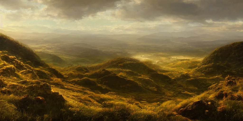 Image similar to a breathtaking landscape from a hilltop, cinematic lighting, detailed oil painting, hyperrealistic, 8k