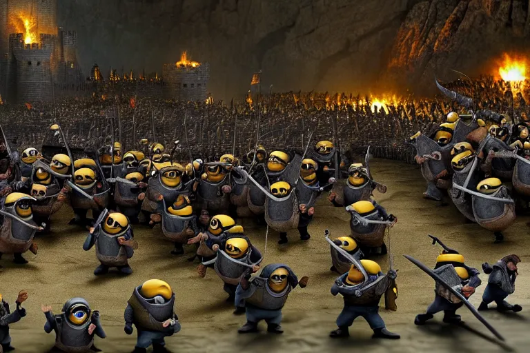 Image similar to diorama of minions fighting orcs in the battle of helm's deep, giant castle walls, realistic, 4 k, detailed, atmospheric, cinematic lighting