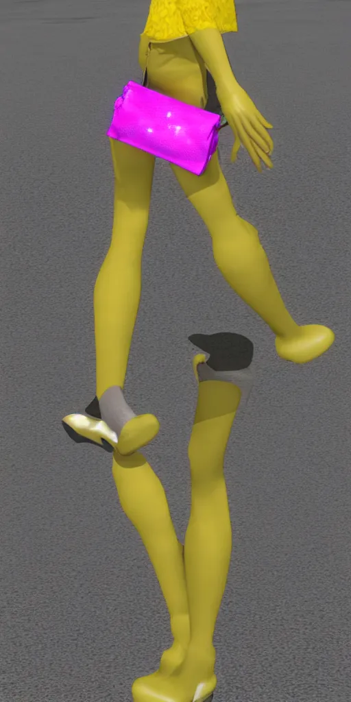 Image similar to 3d glitched malice yellow glitched legs doll carrying a pink fashion bag in a street city psx rendered early 90s net art n64