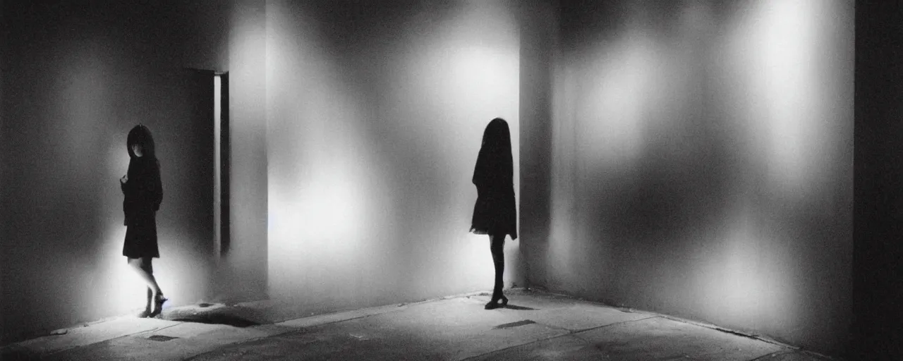 Image similar to foggy neon night, sayaka isoyama leaning back against a wall in a black minidress smoking a cigarette outside a neon lit entrance, 1 9 7 0 s, intricate, moody, tasteful, intimate, highly detailed, short focus depth, artgerm, henri cartier bresson