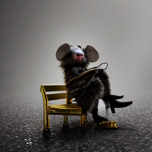 Image similar to a sad anthropomorphic rat, octane render, 3 d, sad, lonely, moody lighting, wearing gold jewellery, wearing a fur coat, in the rain, at night, sitting on a park bench