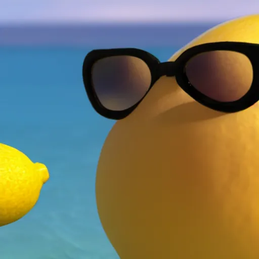 Prompt: a lemon with sunglasses in the beach, pixar style, renderman