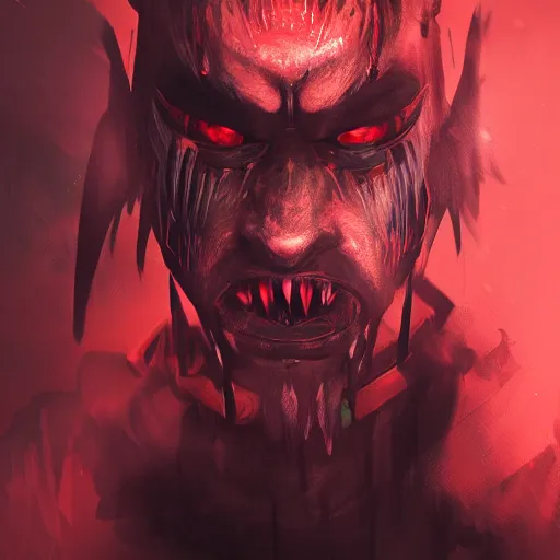 Image similar to a vivid portrait of a predator samurai, trending on artstation, scary, intimidating, dark, unreal engine, studio lighting, black and red color scheme