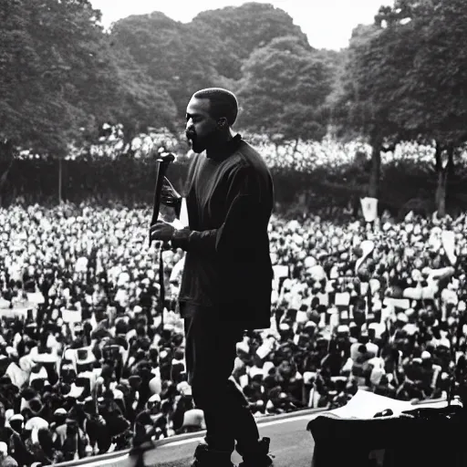 Prompt: vintage photograph of Kanye West speaking at the Million Man March, Sigma 40mm, portrait, black and white