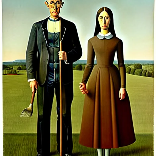 Image similar to american gothic replaced with horses, by grant wood