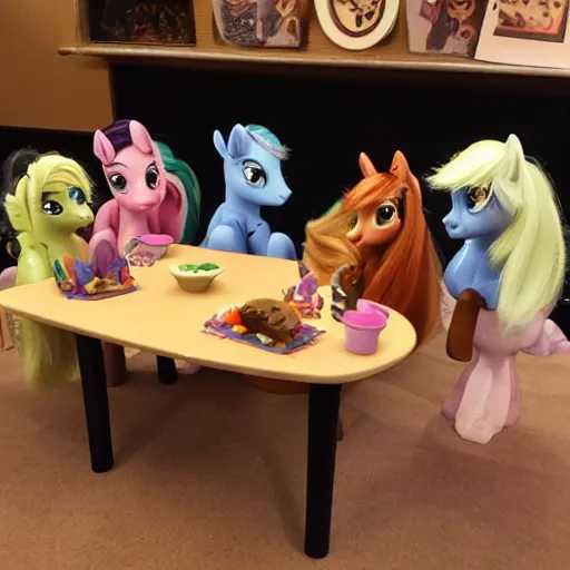Image similar to Ponies from My Little Pony sitting at a table