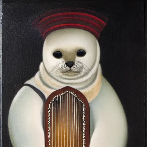 Prompt: portrait of a anthropomorphic baby harp seal dressed as an italian king, oil painting by sandra bottecelli