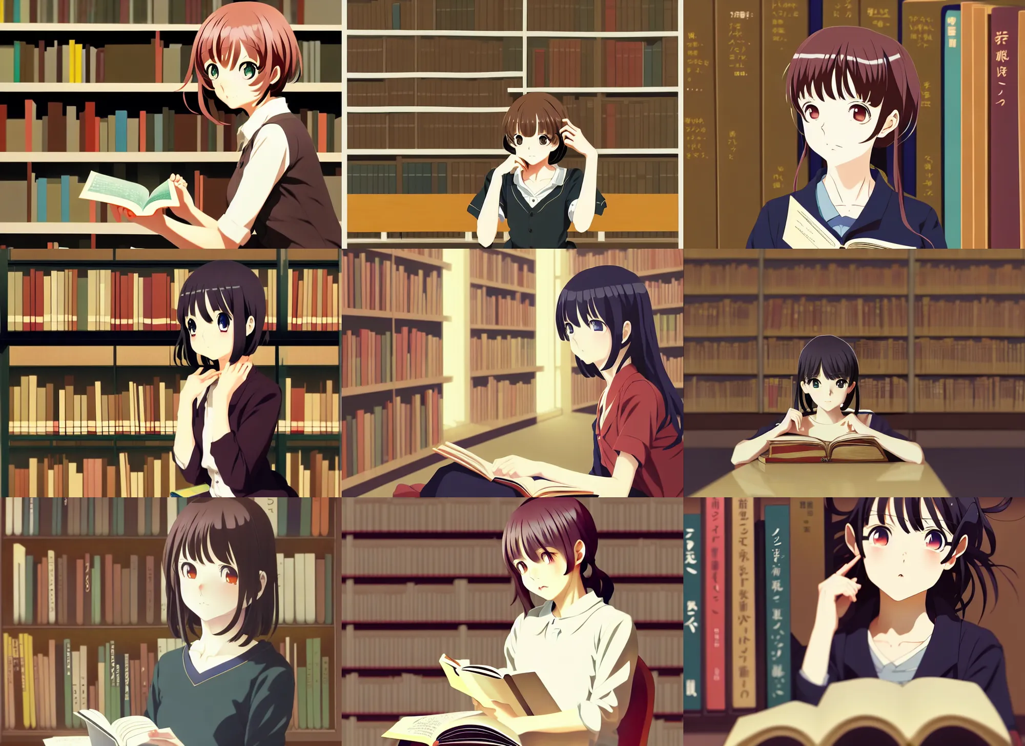 Prompt: anime visual, low light portrait of a curious young woman in a library interior reading, cute face by ilya kuvshinov, yoh yoshinari, dynamic pose, dynamic perspective, cel shaded, flat shading mucha, rounded eyes, moody, kyoani, natsume yuujinchou, smooth facial features