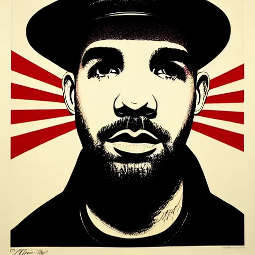 Prompt: Portrait of drake in a hat by Shepard Fairey