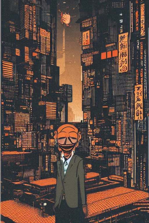 Image similar to tatsuki fujimoto illustration of an orange-headed businessman, creepy face, cyberpunk city