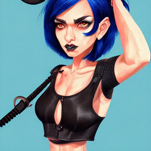 Prompt: illustrated realistic portrait of prong-horned devil woman with blue bob hairstyle and her tan colored skin and with solid black eyes wearing leather by rossdraws
