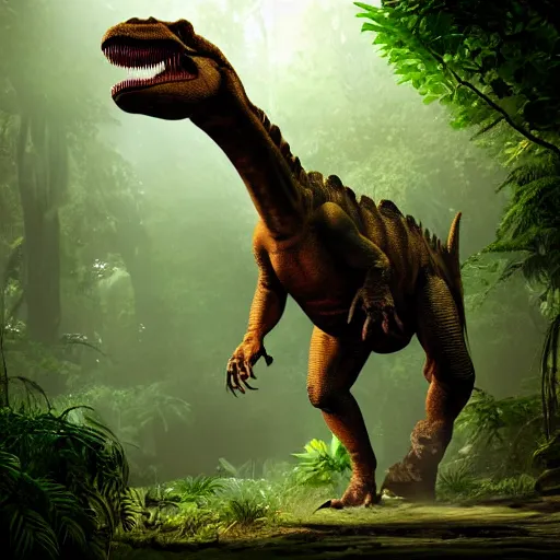 Prompt: realistic dinosaur walking through a jungle, atmosperic, dramatic lighting, trending on artstation, ark survival evolved