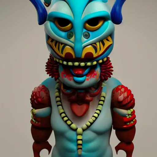 Image similar to closeup 3 d toy maori god as funco toy, plastic, sss, octane 4 k render, studio lighting, artstation, cyan photographic backdrop, 1 0 5 mm, f 2. 8 aperture