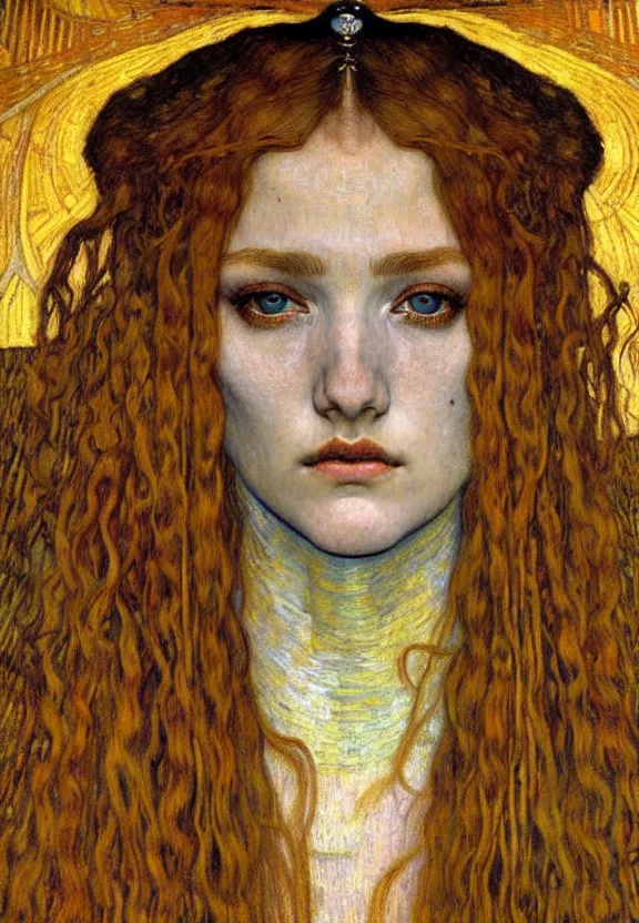 Image similar to detailed realistic beautiful young medieval queen face portrait by jean delville, gustav klimt and vincent van gogh, art nouveau, symbolist, visionary, gothic, pre - raphaelite, muted earthy colors, desaturated