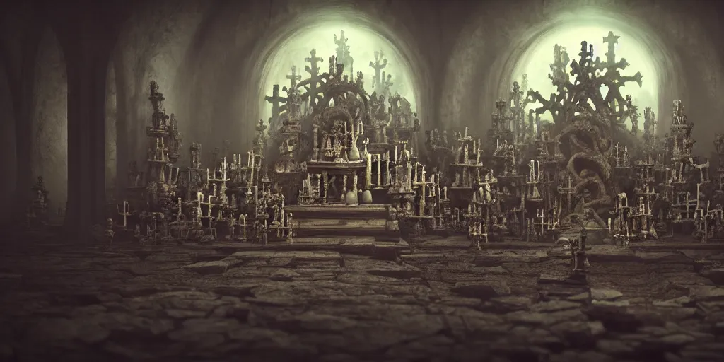 Image similar to full color, low ultrawide interior shot of sedlec ossuary, bones, anime style mixed with fujifilm, dark, foggy, atmospheric, artstation, cgsociety, octane render, cgi, denoise, detailed, cinematic masterpiece