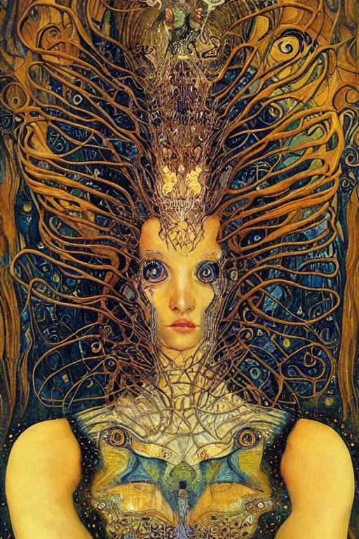 Image similar to Metamorphosis by Karol Bak, Jean Deville, Gustav Klimt, and Vincent Van Gogh, transformation portrait, chimera, visionary, cicada wings, otherworldly, fractal structures, ornate gilded medieval icon, third eye, hybrid, change, spirals, horizontal symmetry