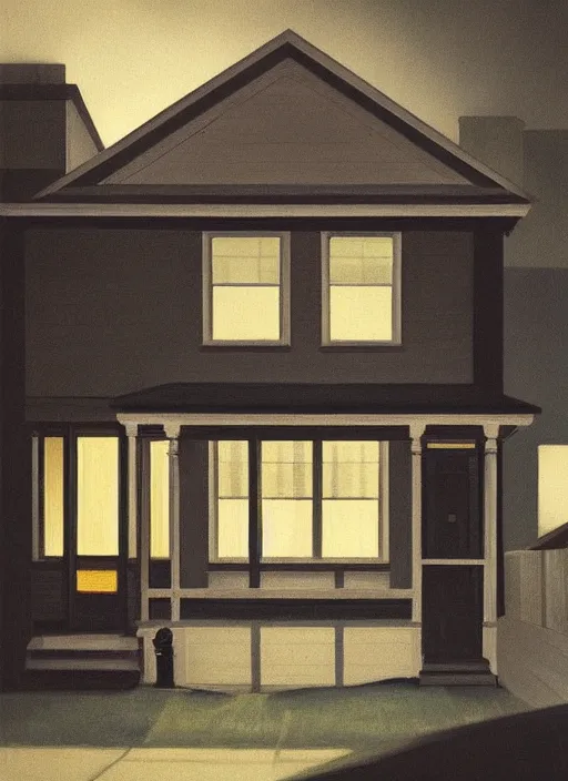 Image similar to small suburban houses in America at night by Edward Hopper, fantasy, moody lighting, dark mood, imagination, nighthawks, cinematic