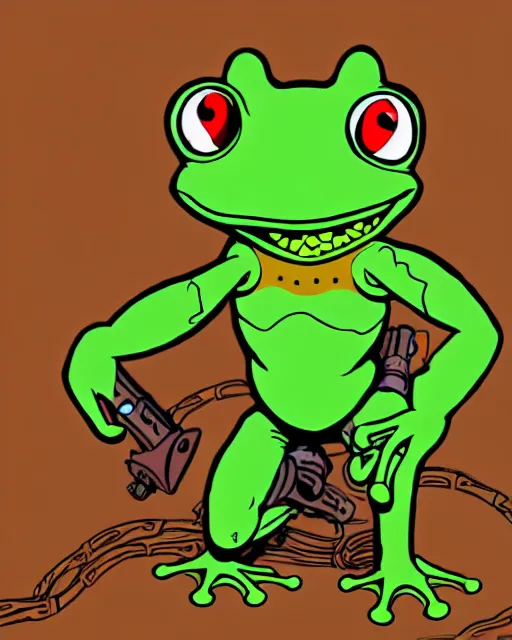 Image similar to an anthropomorphic frog dressed as a wasteland raider, in a post-apocalyptic wasteland, illustration in the style of Don Bluth, ralph bakshi, Peter Laird, Jamie Hewlett