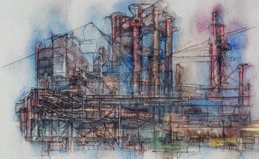 Prompt: Industrial complex Watercolor sketch, highly detailded