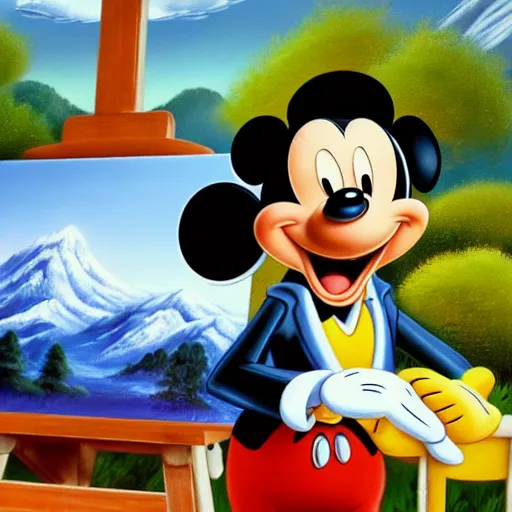 Image similar to a closeup photorealistic photograph of bob ross working on a canvas painting of mickey mouse. film still. brightly lit scene. mountains and trees. this 4 k hd image is trending on artstation, featured on behance, well - rendered, extra crisp, features intricate detail, epic composition and the style of unreal engine.