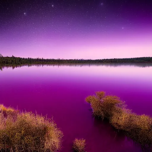 Image similar to Stunning 4K photograph of a lake covered in purple mist. All the stars in the night sky are completely black. The stars are black.