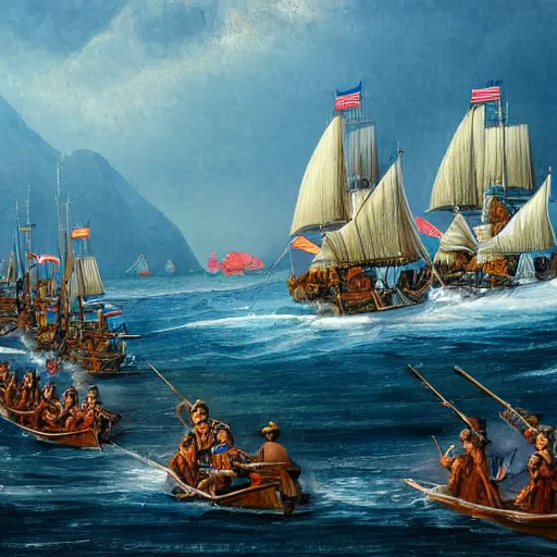 Image similar to A boat with Mongolian soldiers sailing across the sea, painting, stunning, 4k, HD, intricate detail