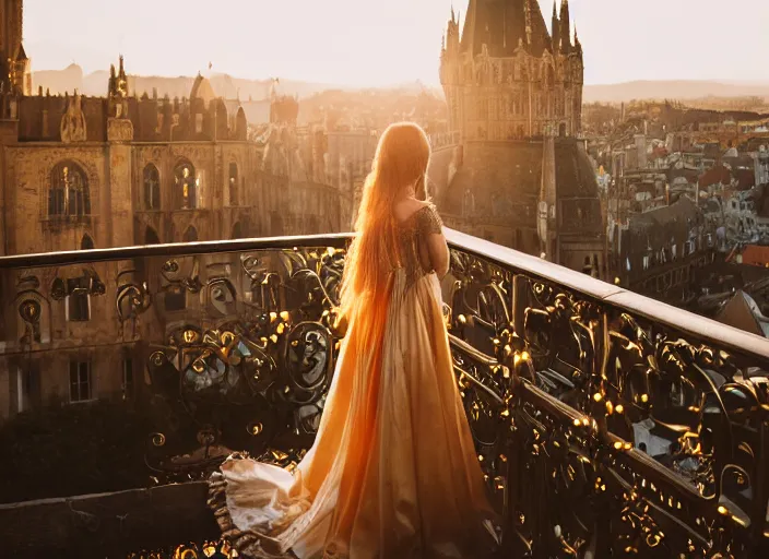 Prompt: a beautiful queen stands on a balcony overlooking a fantasy medieval gothic city, beautiful dramatic golden light and glow rays, 3 5 mm photography