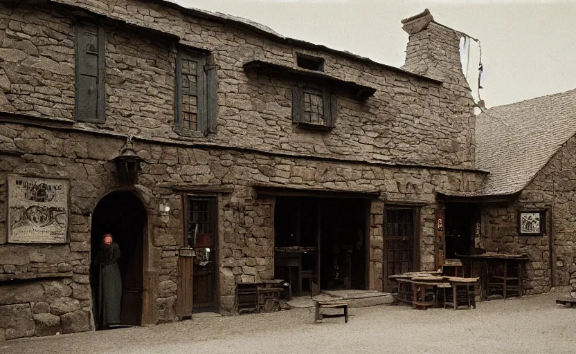 Prompt: Exterior shot of a medieval tavern with dark cinematic and atmospheric lighting by stanley kubrick, shot by 35mm film color photography