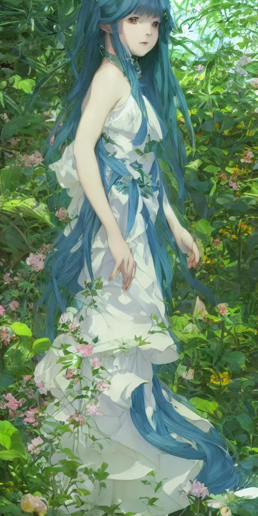 Prompt: a digital art of a loli with long hair in a dress in the privet garden at after noon, green and blue and warm theme, back lighting, by krenz cushart and mucha and akihito yoshida and greg rutkowski and makoto shinkai, highly detailed, 4 k resolution, trending on art station