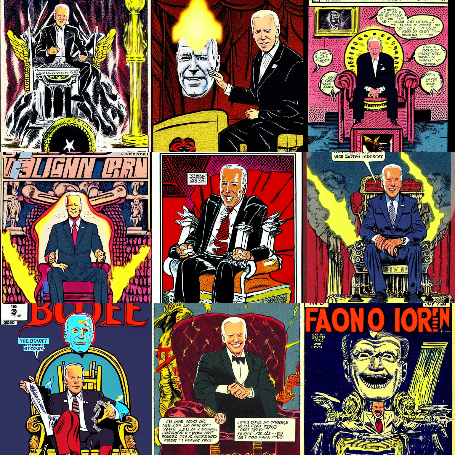 Prompt: portrait of joe biden with glowing eyes sitting on a throne of iron but it's a vintage comic book