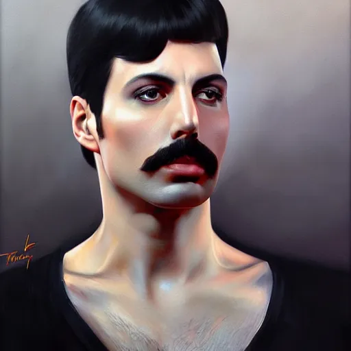 Image similar to of an ultradetailed beautiful portrait panting of freddie mercury, front view, oil painting, by ilya kuvshinov, greg rutkowski and makoto shinkai