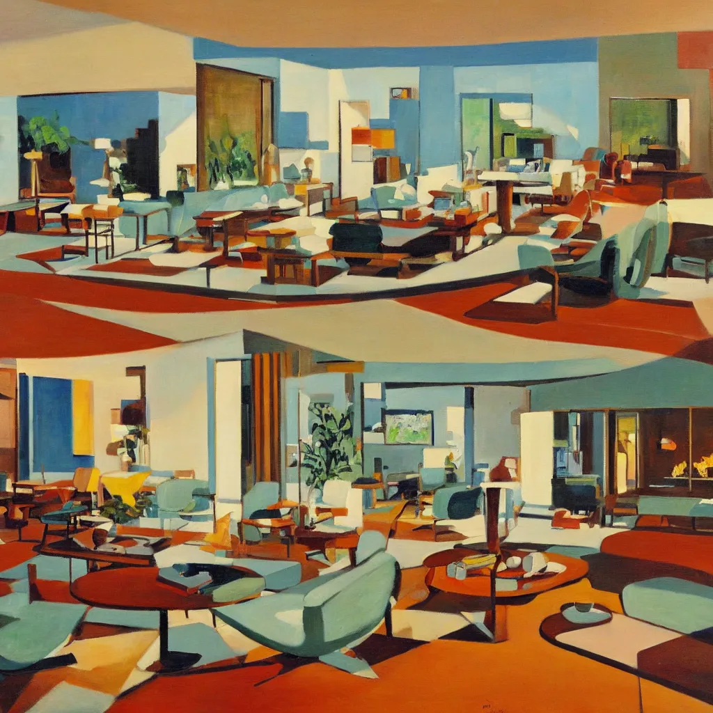 Image similar to an oil painting of the interior of a mid century modern house designed by both frank lloyd right and richard sera in palm springs