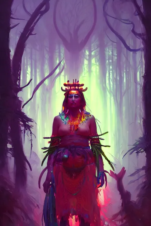 Image similar to Portrait of Shaman Queen in neon forest, digital art from artstation by Andreas Rocha and Greg Rutkowski and Peter Mohrbacher