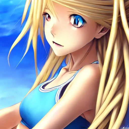 Prompt: a very beautiful young anime tennis girl, full body, long dreadlocks blond hair, sky blue eyes, full round face, short smile, bikini, miniskirt, highly detailed, cinematic wallpaper by stanley artgerm lau