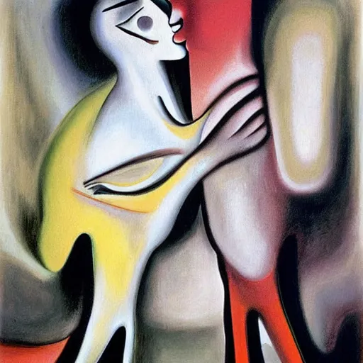 Image similar to Oil painting by Roberto Matta. Two mechanical gods kissing. Portrait by Marlene Dumas. Dali.