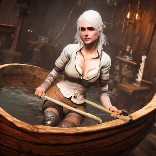 Prompt: Concept art of Ciri from the Witcher 3 in wooden bath, 8k, uhd