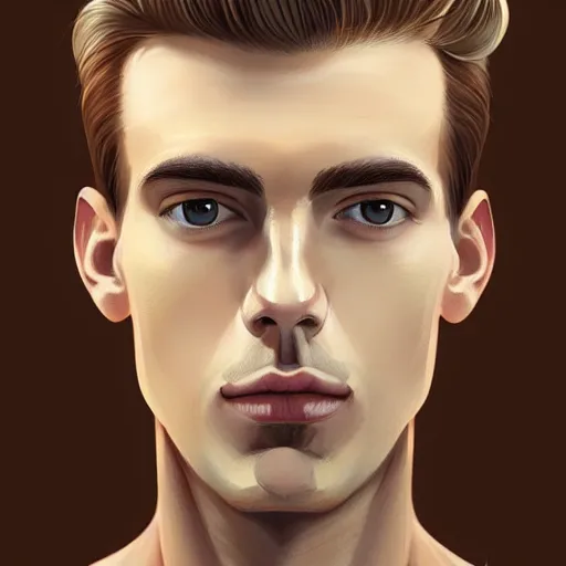Prompt: tall man in his twenties with brown blond short quiff hair and slightly round facial structure with cleft chin, straight eyebrows and prominent nose, good definition of cheekbones, big hazel nut brown eyes, narrow face, slim body, atmospheric lighting, painted, intricate, 4 k, highly detailed by charlie bowater