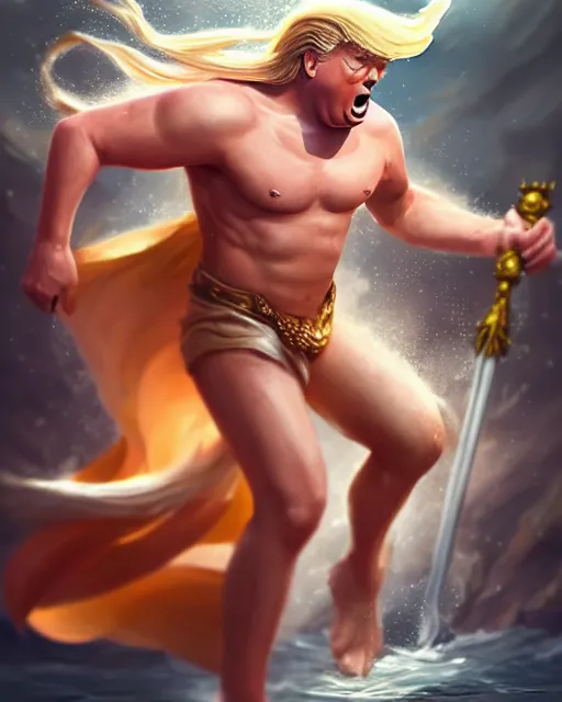 Image similar to character concept art of donald trump as poseidon in a dynamic pose | cute - fine face, pretty face, realistic shaded perfect face, fine details by stanley artgerm lau, wlop, rossdraws, james jean, andrei riabovitchev, marc simonetti, and sakimichan, tranding on artstation