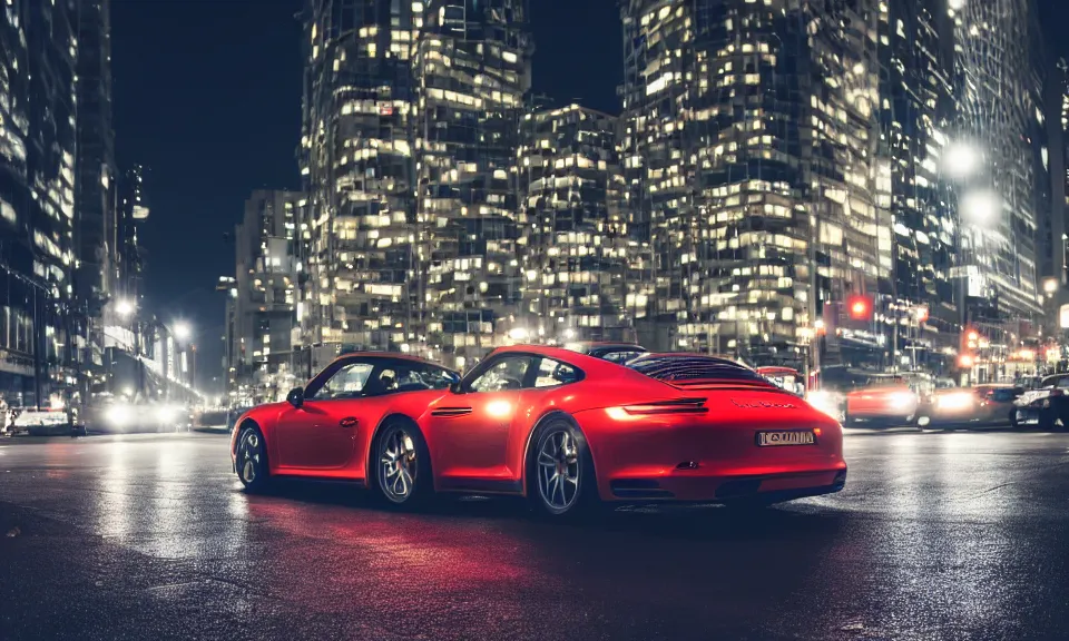 Prompt: photo of a porsche 911 at night in a city, cinematic, 4k, panavision, long exposure photography